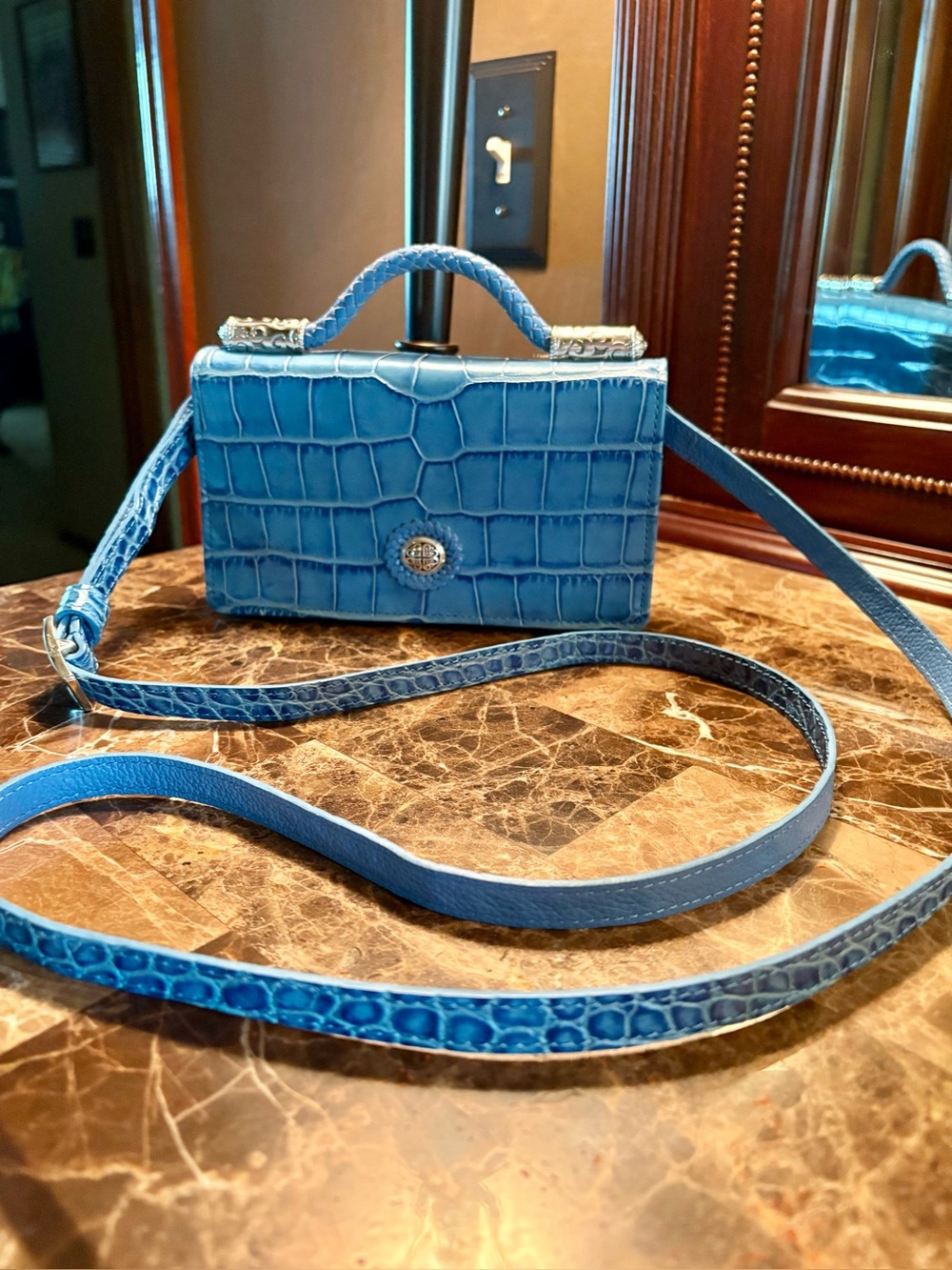 Brighton Blue Croc-Embossed Mini Crossbody with Top Handle and Strap